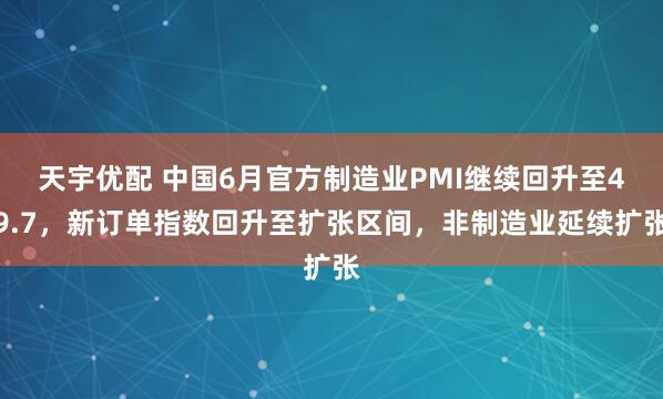 天宇优配 中国6月官方制造业PMI继续回升至49.7，新订单指数回升至扩张区间，非制造业延续扩张